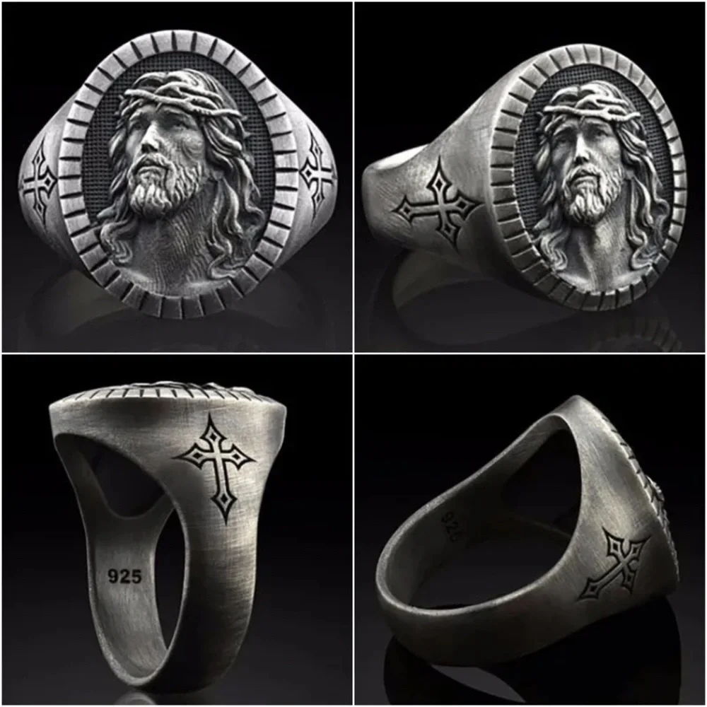 New Men Women Jesus 925 Silver Filled Band Ring Dark Silver Gray Various Sizes